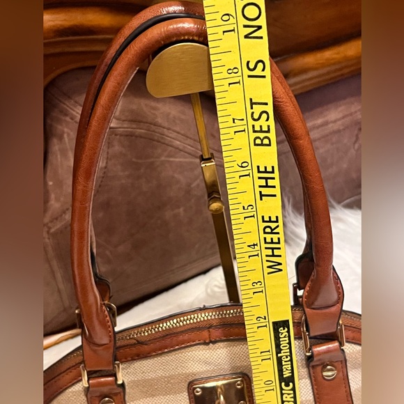 Bueno Tan Canvas & Brown Leather Satchel with Gold Hardware - Picture 7 of 10
